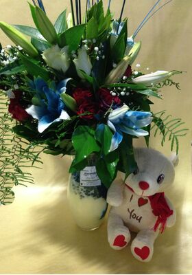 Blue Lillies & Red Roses Bouquet.(special)