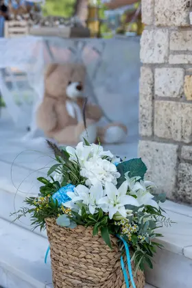 Baptismal "Boy". Flowers in Baskets Decoration.