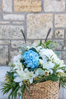 Baptismal "Boy". Flowers in Baskets Decoration.