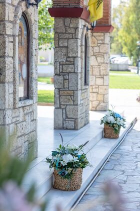 Baptismal "Boy". Flowers in Baskets Decoration.