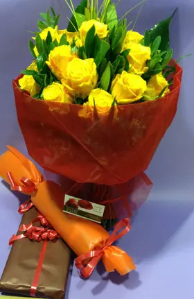 (20) yellow roses A' quality Dutch gift wrapped with greens (extra wine & chocolates)
