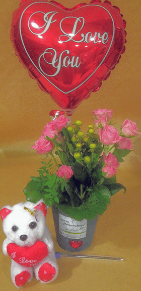 Small pot valentine arrangement + balloon + bear