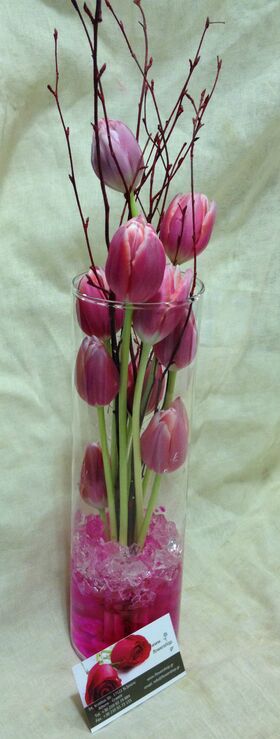 Tulips in levels with decorative gel and betula birches. Random Colors !!!Special