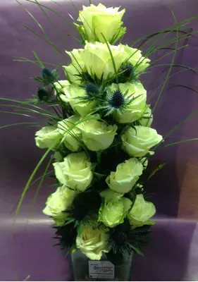 Arrangement in glass vase with white flowers & colored decorative sand!!!
