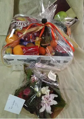 Goodies  Basket ! Flowers in vase & Delicatessen