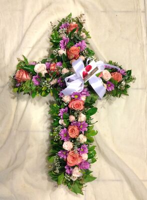 Funeral cross on oasis moss base