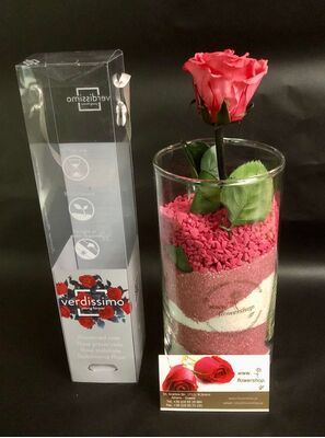 "Preserved rose" In "Decorative  Glass Vase"  With Decorative Colored Sand (1) Pc.Random Colors (or state your color preference)