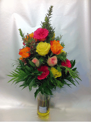 (21) roses bouquet (different colors) in vase with colored water!!!