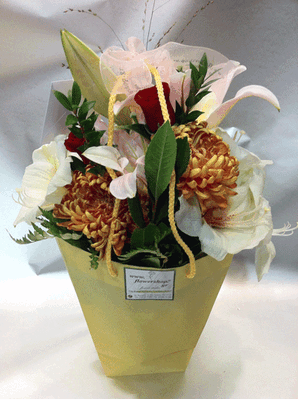 Flowers in water bag.Salmon color shades. Autumn Arrival.
