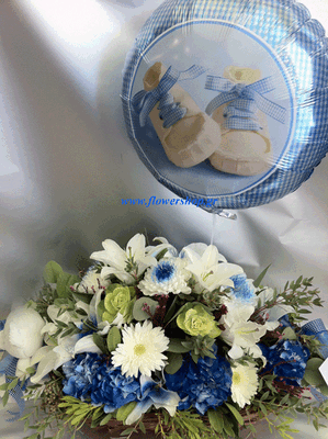 Arrangement of flowers for new born baby + stick balloon + teddy bear- Exclusive!!!