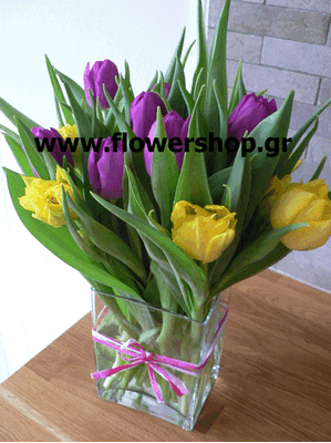 Tulips (10) stems in glass vase.