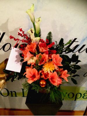 Christmas Arrangement with flowers in parallel lines.