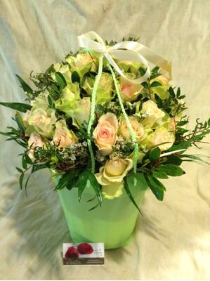 (41) white or pinky roses A' quality Dutch with greens gift wrapped.