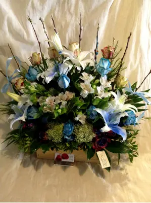 Flowers garden in wooden box or basket