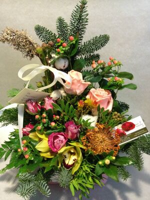 Christmas Arrangement with Waxed Roses & Decoration.