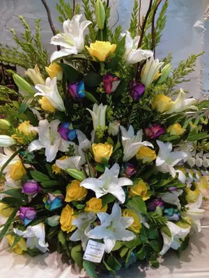 Arrangement with "Rainbow" roses and season flowers !!!