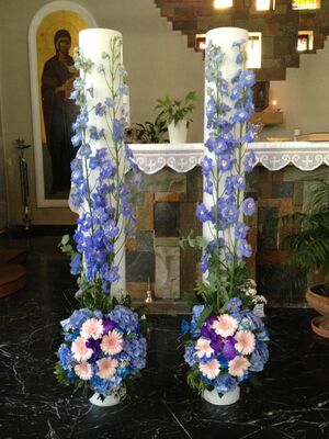Λαμπάδες γάμου Με "Μπλε Βάντα" & Λουλούδια Εποχής. Καλοκαιρινό Θέμα.