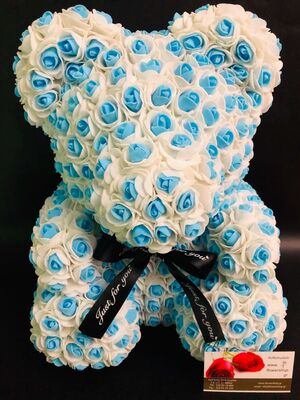 Roses Teddy Bear. Dim. 40cm. In "Decorative Package ". (1)piece. White & Blue Color Combination.