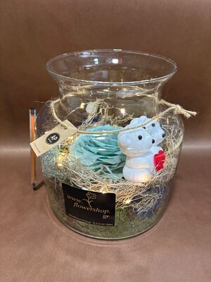 Rose Forever 12cm (head diameter) in "Cylinder vase" with led lights, teddy and decoration