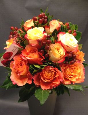 (21) orange - salmon  roses A' quality Dutch or Ecuador with greens