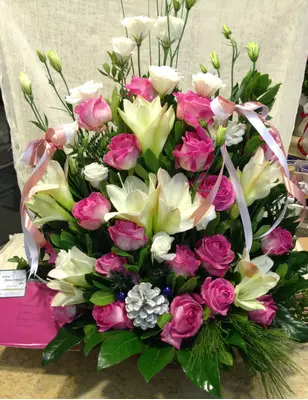Christmas Arrangement with White & Pink Flowers & Decoration.