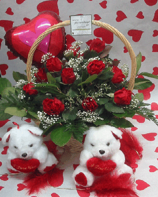 (15)  Red roses  in basket + balloon + bear