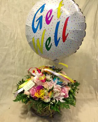 "Get Well Soon" with  Flowers In Basket + Balloon