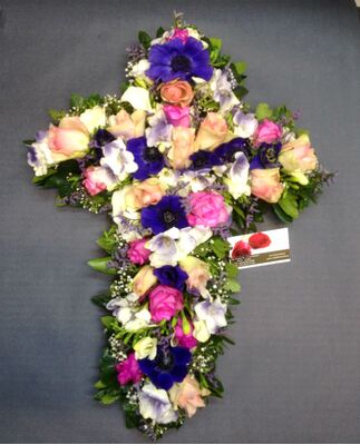 Funeral cross.Exclusive on oasis moss base.