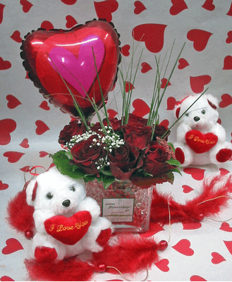 (9) red roses in glass  with aqualinos gel + balloon +  bear