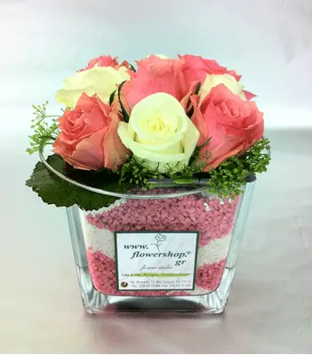 Pink & white roses inside a glass cube 12x12x12 with colored sand layers decoration !!!