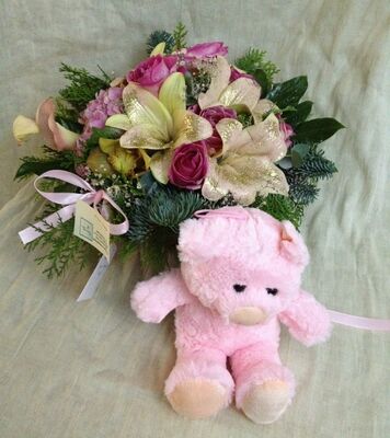Arrangement  "Christmas" for new born baby girl +Teddy !! (also available in blue)