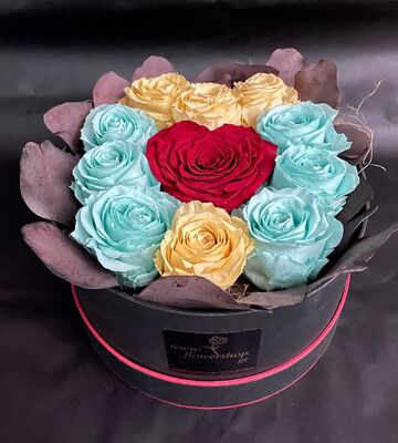 Τριαντάφυλλα Βαλσαμωμένα (forever roses) (10 τεμ.) & (1) Σχήμα "Καρδιάς"  Σε διακοσμητικό κουτί "καπελιέρα"
Ιδιαίτερο.