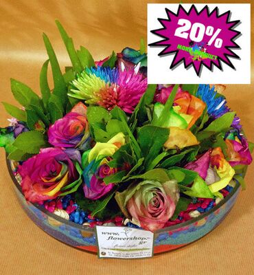 Arrangement in glass with "Rainbow" Roses & Chrysanths