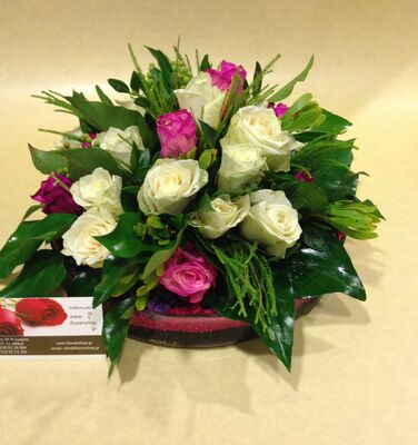 Arrangement in glass vase with white flowers & colored decorative sand!!!