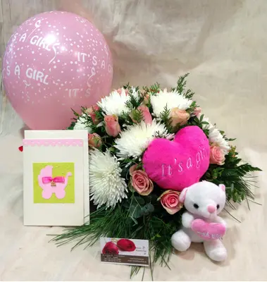 Arrangement  "Super Pack" for new born baby girl + Balloon +Teddy !!