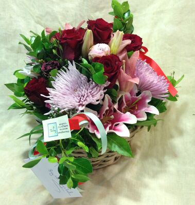 Basket with Red & Pink Flowers.
