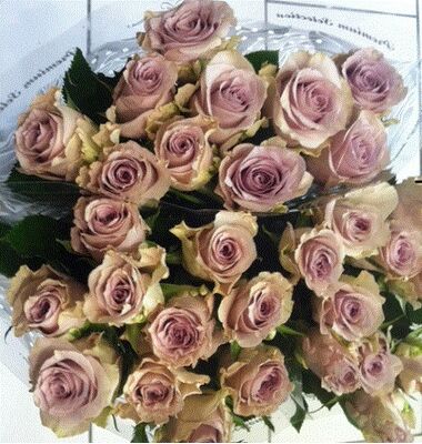 Roses "Safi"  Exclusive Purple Color. Wedding favourites. (11) stems bouquet with greens in vase.