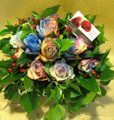 Roses "Rainbow" vase (11) stems with Greens.