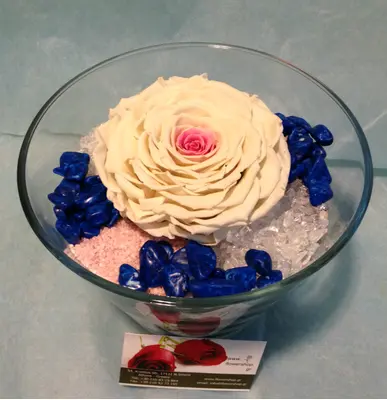 Rainbow Rose Big Head (preserved) In Arrangement with decoration.
