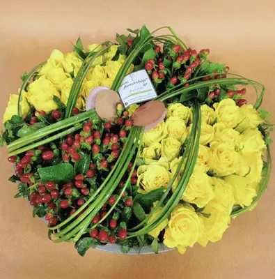 Arrangement on aluminum tray.Grouped flowers!!!