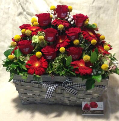 Printed roses (20) stems. "Your Message" In Basket Arrangement with Season Flowers. Exclusive.