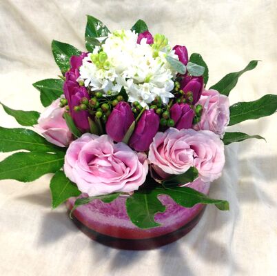Joyful hyacinths and season flowers in glass vase!!!