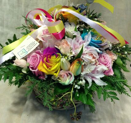 Happy  Spring with Joyful  Flowers in Basket. Special.