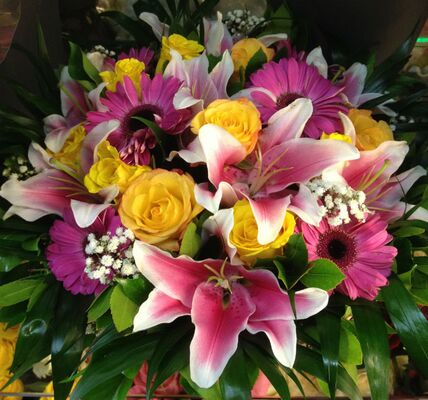 Spring colored flowers in basket. Colored  Spring !!! (35cm basket size)