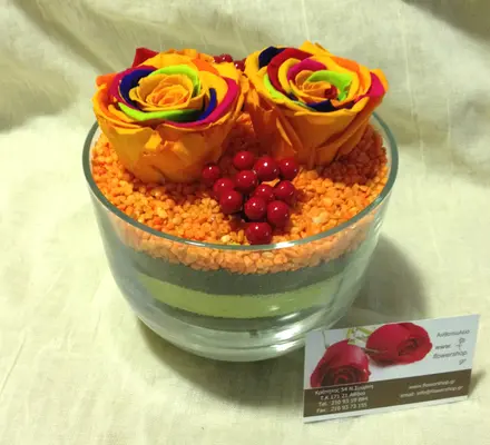 Rainbow Rose Big Head (6cm)  (preserved) In Arrangement with decoration.Exclusive
