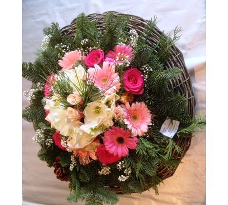 Winter basket with white & pink elegant flowers.