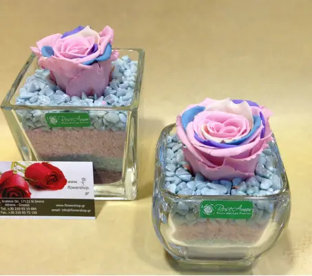 Rainbow Rose Big Head (preserved) In Arrangement with decoration.