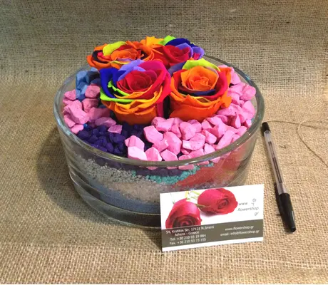 Rainbow Rose Big Head (6cm)  (preserved) In Arrangement with decoration.Exclusive