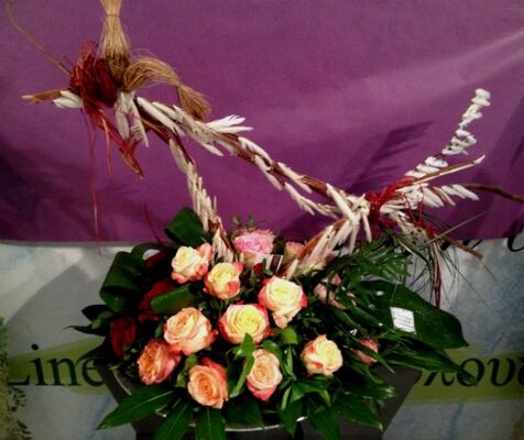 Flower arrangement on tray with Easter Decorative Hand Made Bird!!!