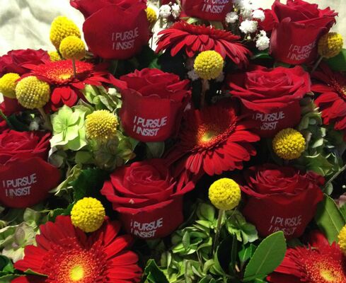 Printed roses (20) stems. "Your Message" In Basket Arrangement with Season Flowers. Exclusive.